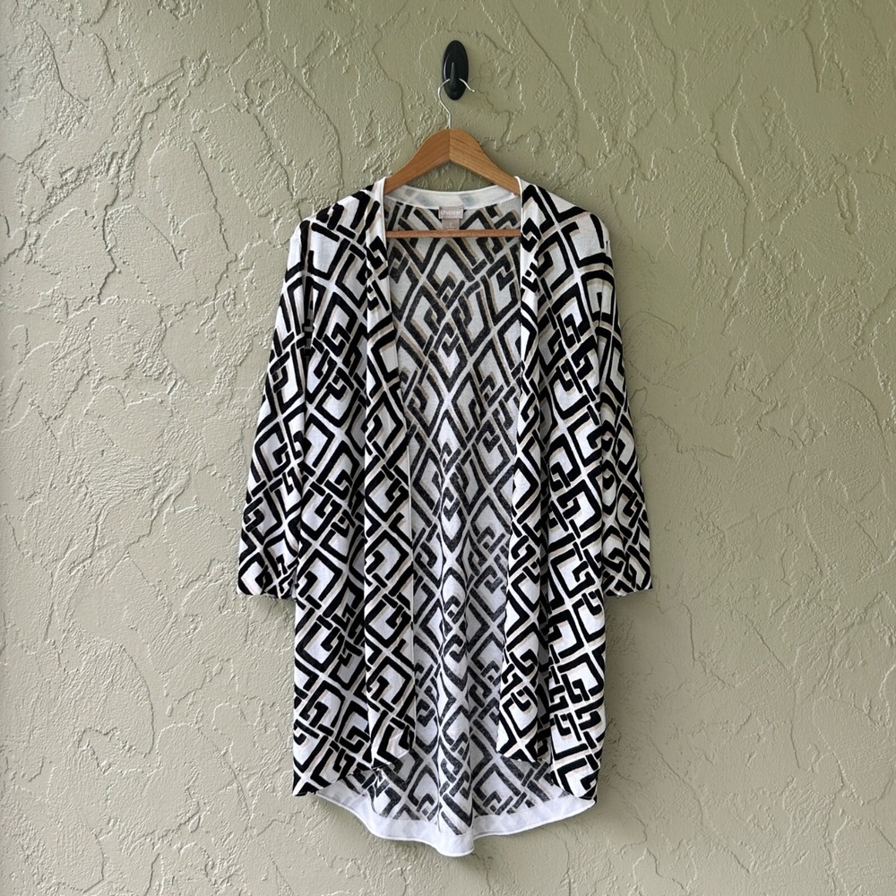 Chico's Women's 2 Ivory & Black Neutral Large Geo High-Low Hem Cardigan Top NWOT